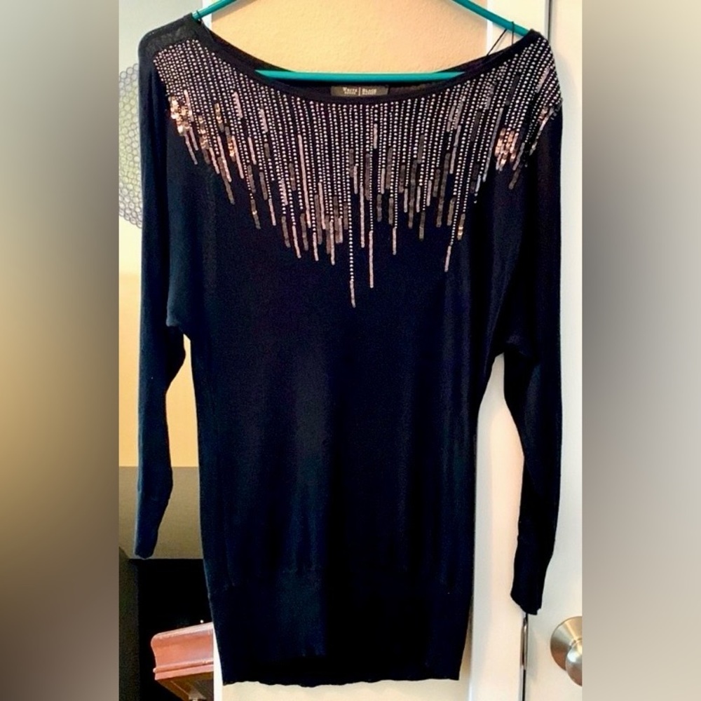 WHBM Sequins Beaded Sweater S Black Silver Glam Lightweight Stretch Pullover